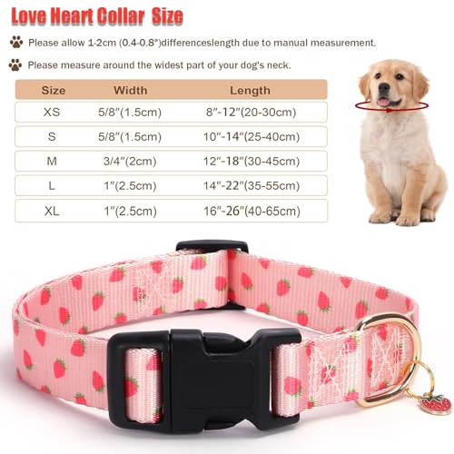 Image of Pink Strawberry Pattern Dog Collar with Buckle Adjustable Safety Nylon Collars for Small Medium Large Dogs, Cute Stylish Girl Boy Christmas Dog Collar (Pink Strawberry,L