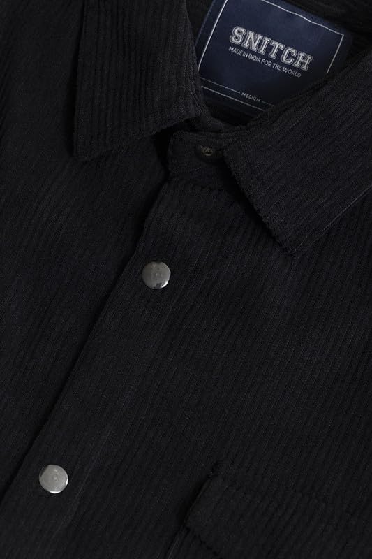 Image of SNITCH Men's Textured Overshirt | Casual Wear| College Holiday Streetwear Style | Cotton Spread Full Sleeve Relaxed Fit Black