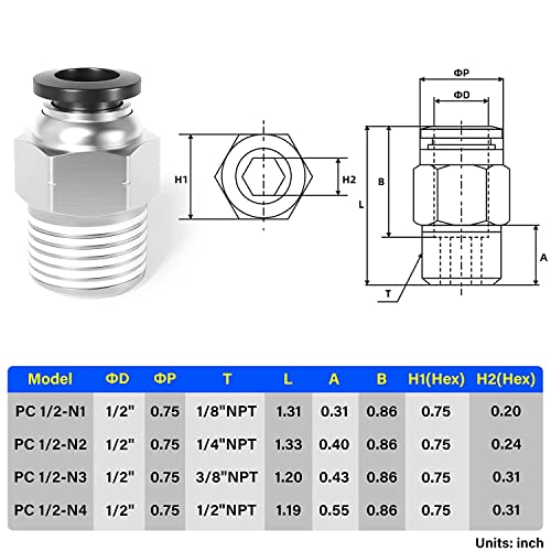 Image of TAILONZ 1 /2 inch Tube OD x 1 /4 inch NPT Male Straight Push to Connect Fitting 10pcs