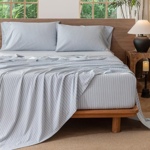 Image of MooMee Striped Sheet Set 100% Washed Cotton Linen Like King