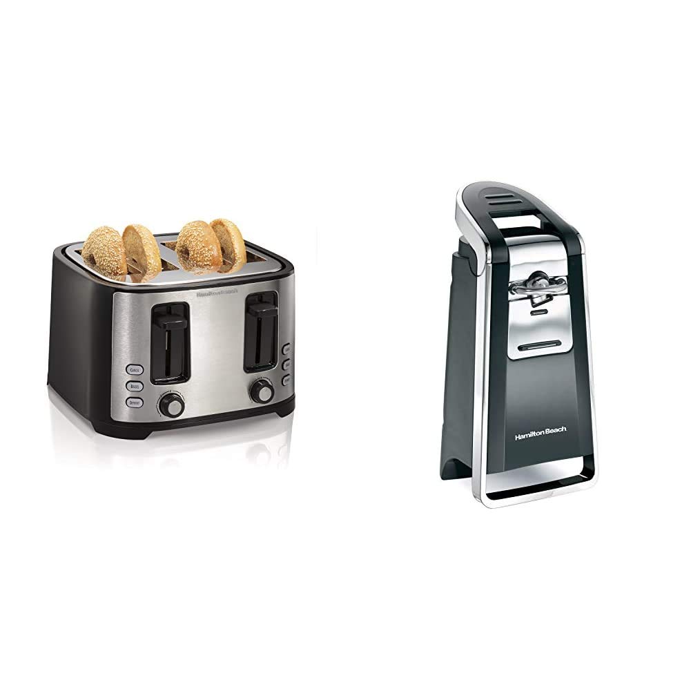Hamilton Beach 4 Slice Extra Wide Slot Toaster with Defrost and Bagel Functions, Shade Selector,Black & Smooth Touch Electric Automatic Can Opener with Easy Push Down Lever, Black and Chrome