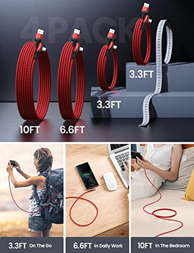 Image of AINOPE USB C to USB Cable [4-Pack 10 /6.6 /3.3 /3.3ft] 3.1A USB Fast Charge Right Angle, Resistant Nylon Braided USB C Charging Cable Compatible with Galaxy S21 S20 Plus, Note 20 10 9, Moto