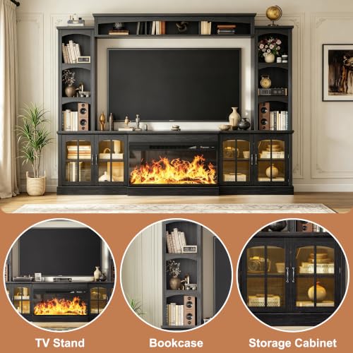Image of MXV 98 inch Farmhouse Fireplace TV Stand, Large Wall Unit Entertainment Center with 36 inch Electric Fireplace, Media Console with Storage Cabinets and Open Shelves for Living Room, Black