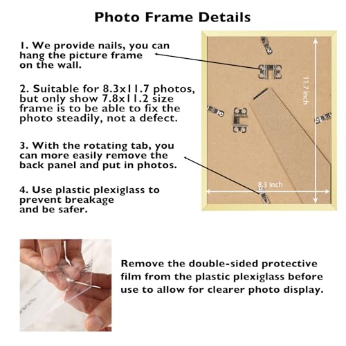 Image of 8.3x11.7 A4 Picture Frame Gold for Wall Hanging or Tabletop, Wall Mounting Horizontally or Vertically, A4 Frame 8.3 x 11.7 Wall Gallery Poster Photo Frame with Shatter Resistant Plexiglass, Gold