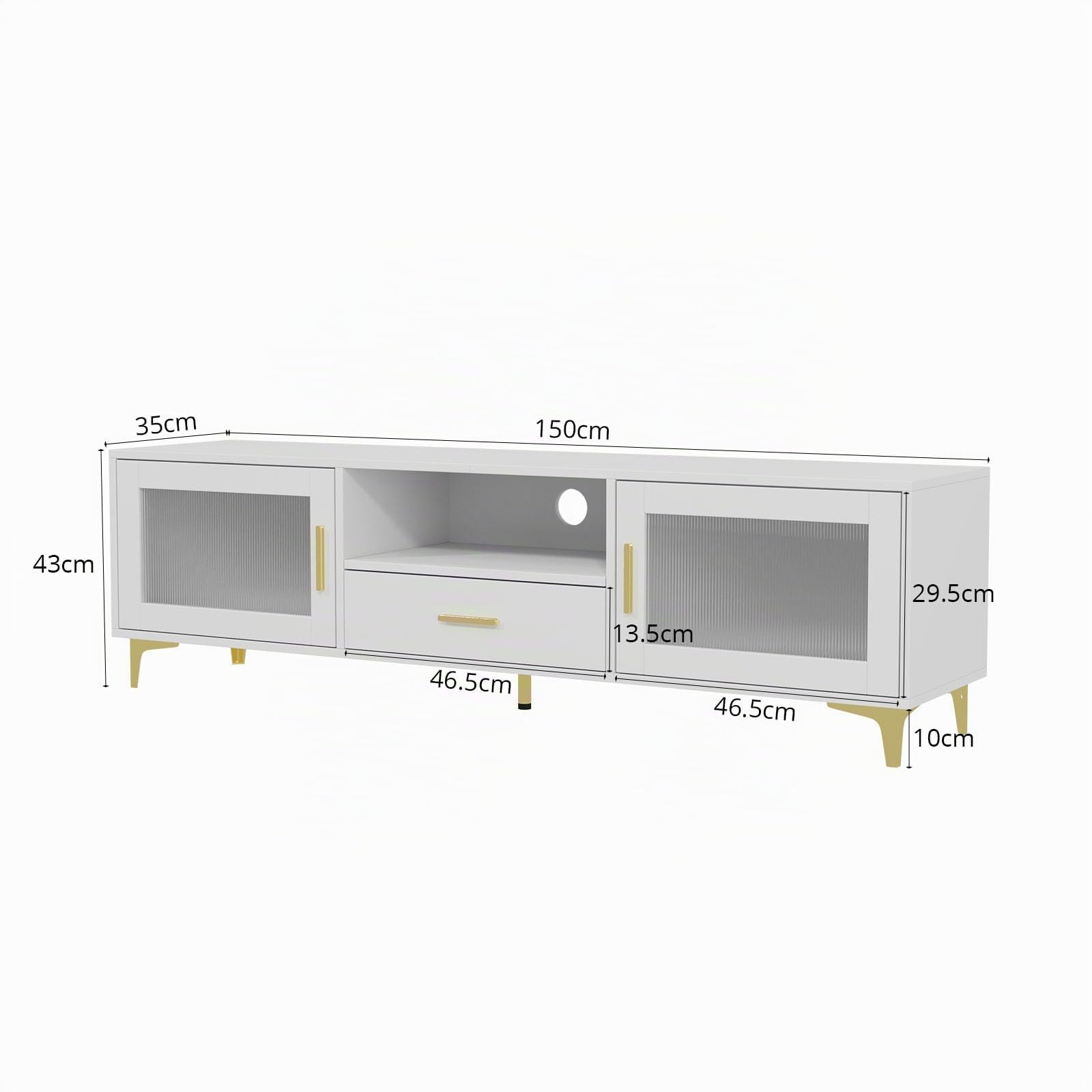 VOWNER Mueble de TV, TV de Perfil bajo de hasta 65", Mueble de TV con Espacio de Almacenamiento Abierto, Mesa de TV con Cajones, Apto para Salón y Dormitorio, 150 x 35 x 43 cm, Blanco