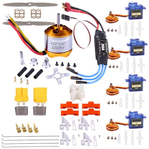 DIY RC Plane Kit, A2212 KV2200 Brushless Motor, 30A Esc Brushless Motor Speed Controller,SG90 Servo, 6x4 Prop, TXT60 Plug, Z-Wire, Motor Seat, Rudder Angle & Connector Protectors – Fixed-Wing Parts