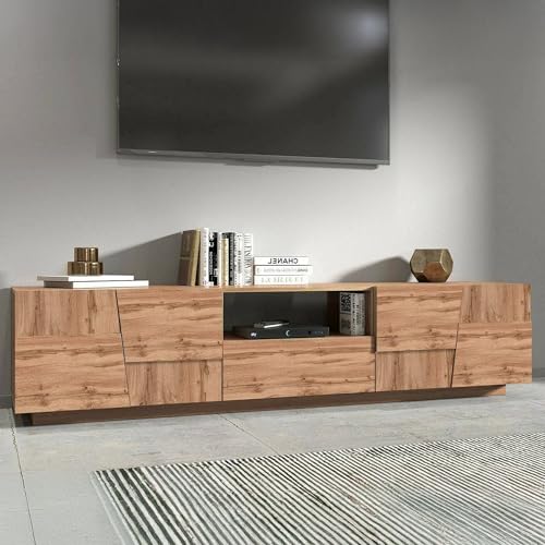 Dmora - Meuble TV Vanni, Buffet Bas de Salon avec 4 Portes et 1 tiroir, Base Meuble TV, 220x44h46 cm, Chêne