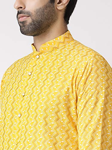 Image of KISAH Men's Kurta Dhoti Set, Yellow Cotton Blend, Printed Mandarin Colla Regular Fitr Long Sleeves