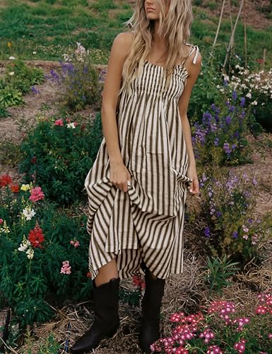 Image of Lentta Women's Striped Smocked Maxi Dress Causal Spaghetti Strap Stretchy Flowy Swing Long Dress with Pockets