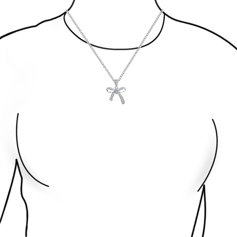 Bling Jewelry Dainty Romantic Bridal Wedding Clear Cubic Zirconia Pave CZ Station Holiday Present Ribbon Bow Pendant Necklace For Women Teen .925 Sterling Silver - Image 3