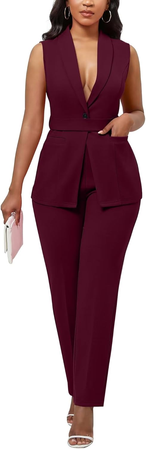Kafiloe Pant Suits for Women Dressy Belted Sleeveless Vest Blazer Sets 2 Piece Business Casual Outfit