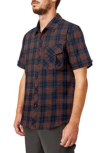 Tureface Mens Plaid Dress Shirts Casual Button Down Short Sleeve Checked Shirt Plus Size Stretch Cotton Linen Shirt(Brown&Blue,3Xl) #TOP1