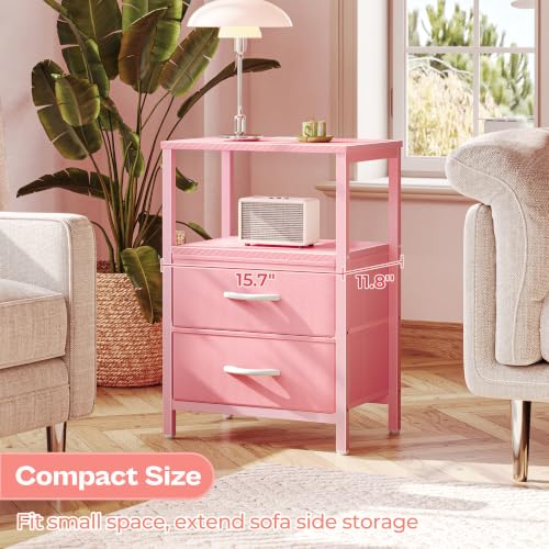 Image of Huuger Nightstand with Charging Station, Side Table with Fabric Drawers