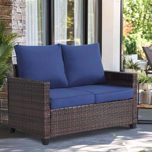 EortheX Outdoor Patio Loveseat,All-Weather Wicker Loveseat with Cushions – Rattan Outdoor 2 Person Sofa Furniture for Garden, Balcony, and Deck,Sectional Patio Love seat Sofa Set - Blue