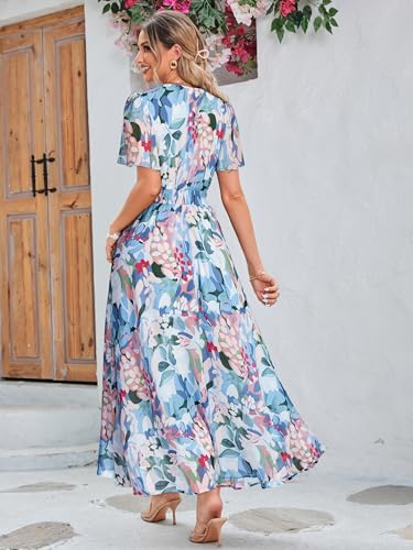 Image of Simplee Women's Boho Floral Maxi Dress Flowy Casual V Neck Short Sleeve Wedding Guest Holiday Beach Long Dress