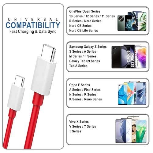 Image of Type C to Type C Cable Fast Charging - 100W | Warp /Dash /VOOC Compatible with OnePlus & USB Type C Devices | USB C to USB C Cable | Fast Data Sync & Smart Protection - Red