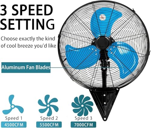 Image of AZOUTDOOR 20 inch Wall Mount Fan, 7000 CFM High Velocity Industrial Wall Fan with 3-Speed Setting, 120 Oscillating Mounted Fans for Warehouse, Workshop, Garage, Patios, Commercial Use ETL Listed, Blue