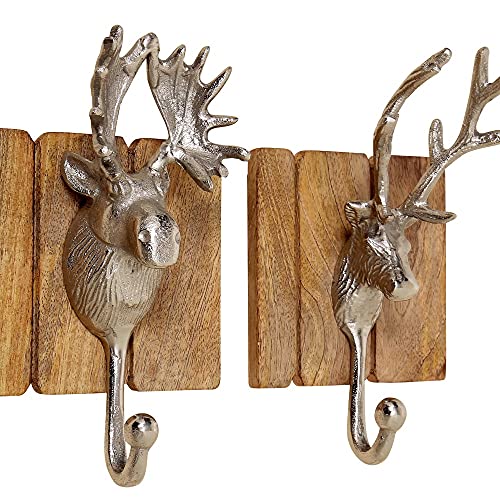 Unbekannt 2 STK große Wandhaken Hirsch Metall/Holz Landhaus braun Silber Farben Hirschkopf Elchkopf Deko Skihütte Apreski Wandhaken Garderobe