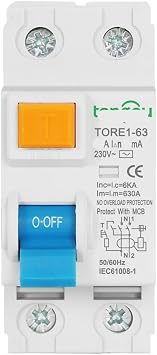 TORE1-63 2P 100mA 6KA 230V Electromechanical Residual Current Circuit Breaker Differential Circuit Breaker Safety Switch 6A, 10A, 16A, 20A, 25A, 32A, 40A, 50A, 63A6A