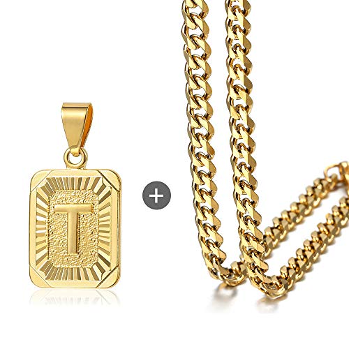 Square Letter Initial T Pendant Bundle With 5Mm Curb Cuban 24Inch Link Chain Necklace For Men Boys #TOP6