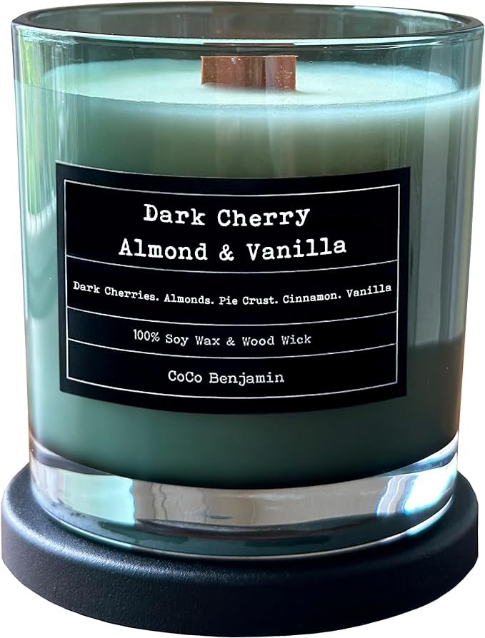 CoCo Benjamin (Dark Cherry, Almond & Vanilla) Crackling Wooden Wick, 100% Soy, Highly Scented, Premium Hand Poured Soy Candle, 8 oz
