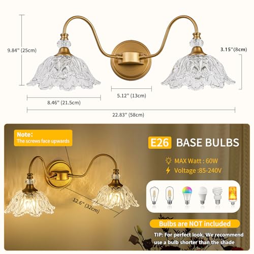 Image of Vintage Bathroom Vanity Light, 2-Light Matte Brass Finish Vanity Light with Floral Clear Glass Shades, Retro Wall Sconce for Bathroom, Dressing Table