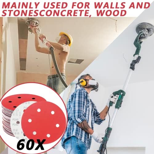 FEIHU Hook and Loop Discs Punched, 225mm Sanding disc | Grit 10X P40/60/100/120/180/240 | 6 Holes in red Sandpaper Set| for Long-Neck Sanders Drywall Sander 60 Pcs