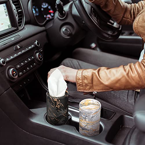 Image of Thenshop 24 Pack Car Tissue Holder 3 Ply Facial Tissue Bulk Marble Modern Tissues Cylinder Travel Round Boxes Fits Car Cup Holders Small Tissues Container for Home Bathroom Everyday Refill