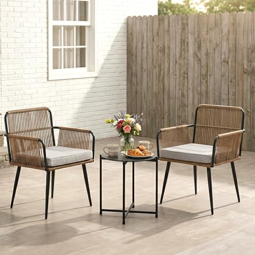Image of BRISHI Garden Patio Seating Chair and Table Set Outdoor Balcony Garden Coffee Table Set Furniture with 1 Table and 2 Chairs Set with Cushion Braid & Rope (Light Brown)