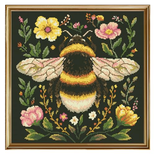 Image of FREEBLOSS 11CT Stamped Cross Stitch Kit for Adults Beginners with Instructions Bees and Floral Pattern Cross Stitch Wall Hanging Kit Embroidery Wall Art Decoration No Frame 18x18in