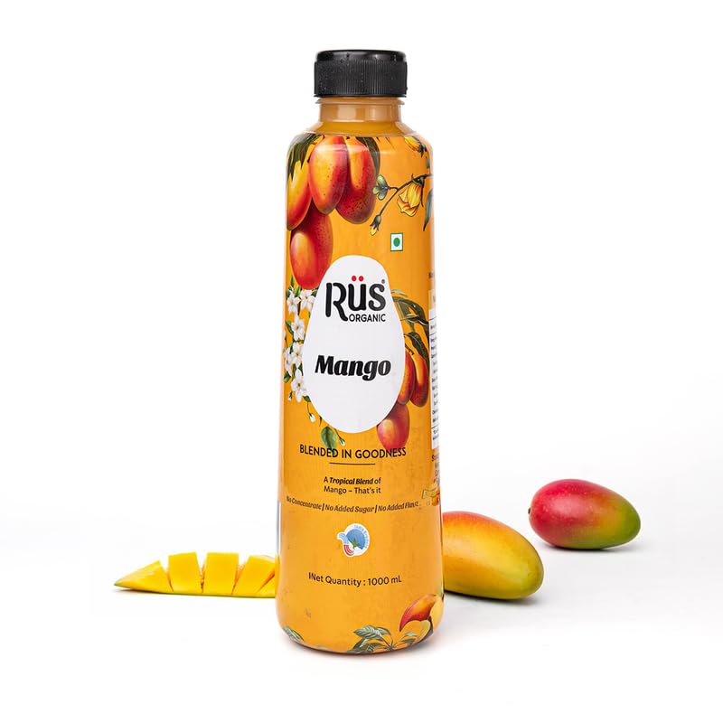 Image of Rus Organic Mango Juice | Natural Fresh Alphonso Mango Fruit Juice | Cold-Pressed | Pack of 2 (1000ml Each) | No Added Sugar or Preservatives | Rich in Antioxidants | Refreshing Drink