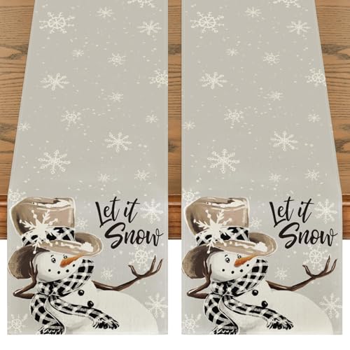Image of Artoid Mode Grey Snowman Snowflake Let it Snow 2PCS Christmas Table Runner, Seasonal Winter Kitchen Dining Table Decor for Home Party 13x72 Inch