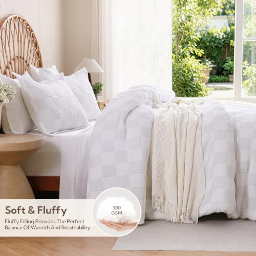 Image of MR&HM 7 Pieces Comforter Set Full, Checkered Boho Tufted Bed Set White | Farmhouse Vintage Bed with Plaid Geometric Design, All-Season Bed in A Bag Comforter with Sheets, Pillow Shams & Pillowcases