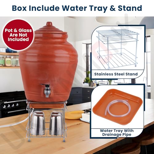 Image of URBANMONK Flate Surface Matka Stand for Water Pot with Pipe Fitted Drain Water Try | Steel Matka Stand for Kitchen | Water Pot Stand for Kitchen | 8 X 8 X 7.5 Inch, (Pot & Glass NOT include)