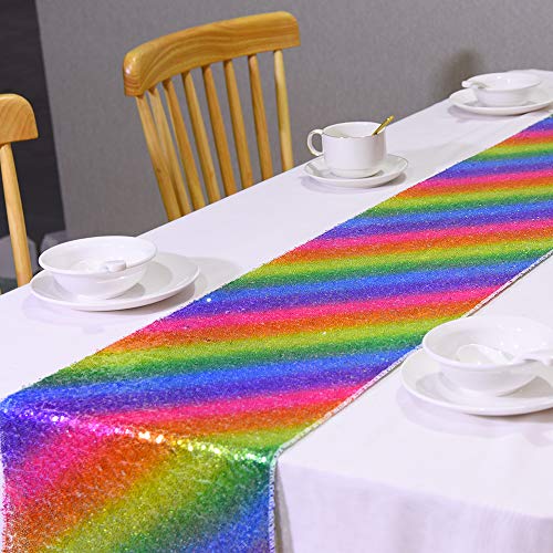Rainbow Sequins Table Runner Rectangle Placemats Table Cover Wedding Hawaiian Summer Holiday Baby Shower Christmas Halloween Birthday Party Supplies Glitter Sequin Table Setting Decor 12 X 71 Inches #TOP4