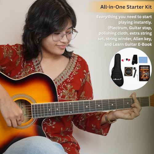 Image of Vault EA20 Basswood Guitar Kit With Learn To Play E-Book, Bag, Strings, Straps, Picks, String Winder & Polishing Cloth - 40 Inch Cutaway Acoustic Guitar - Sunburst