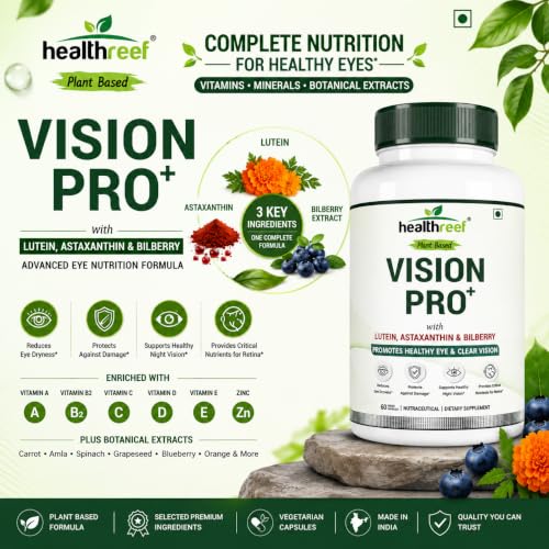 Image of Vision Pro+ Plant-Based Eye Health Supplement | with Lutein, Astaxanthin & Bilberry | Antioxidant Support for Healthy Eyes, Night Vision & Digital Screen Care (Pack of 2)