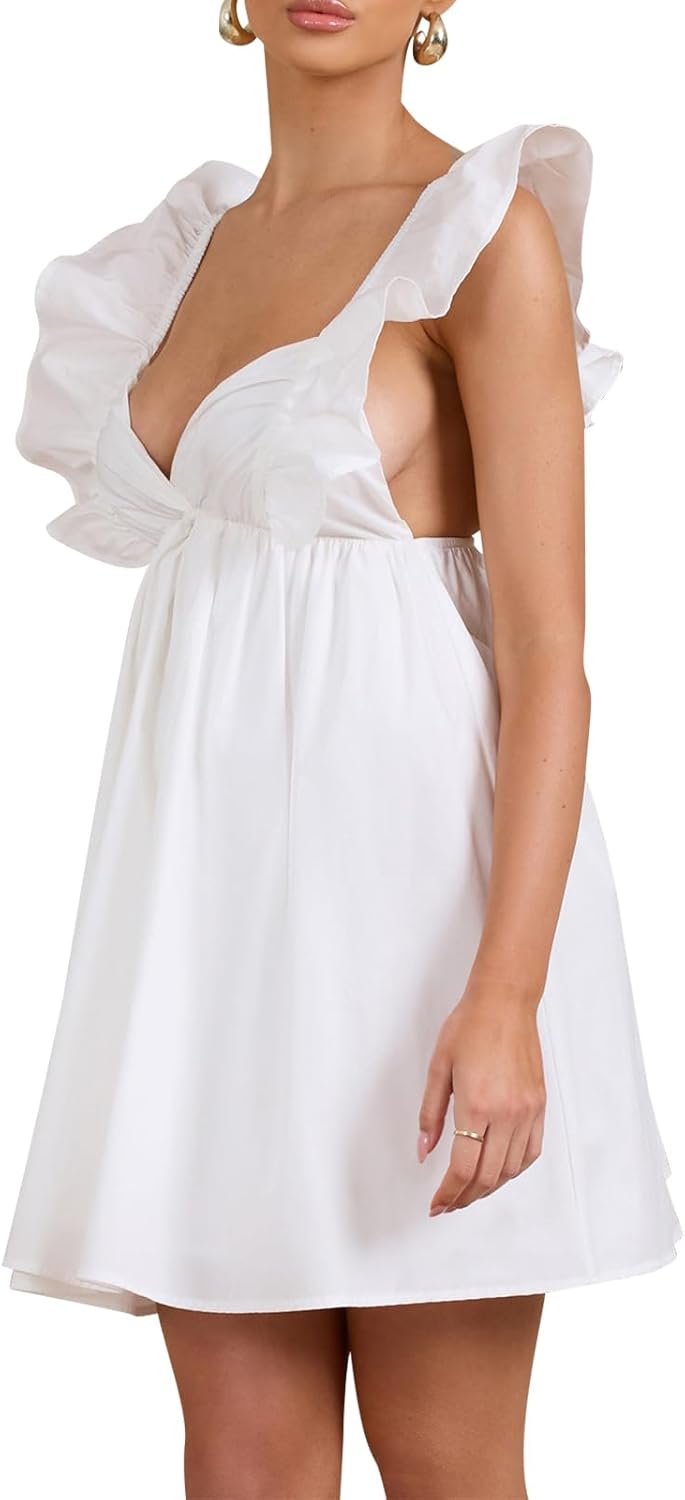 hibshaby Womens Sexy Deep V Neck Ruffle Sleeve Mini Dress Backless Lace Up Summer Dresses - Image 2