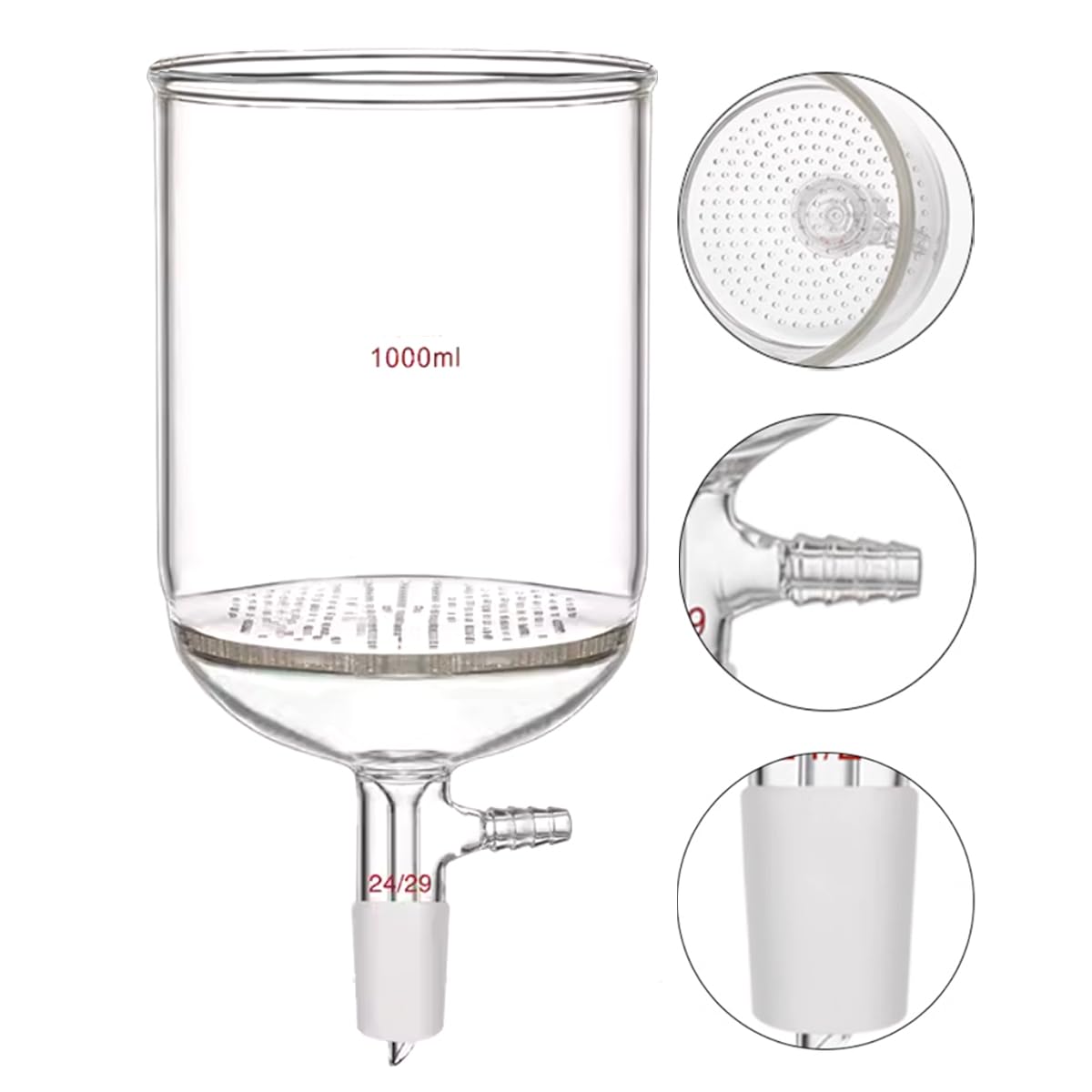 Embudo de filtro de vidrio Brinell de borosilicato, embudo de filtro de placa de vidrio perforado con costura estándar 24/29 en laboratorio (1000ML)