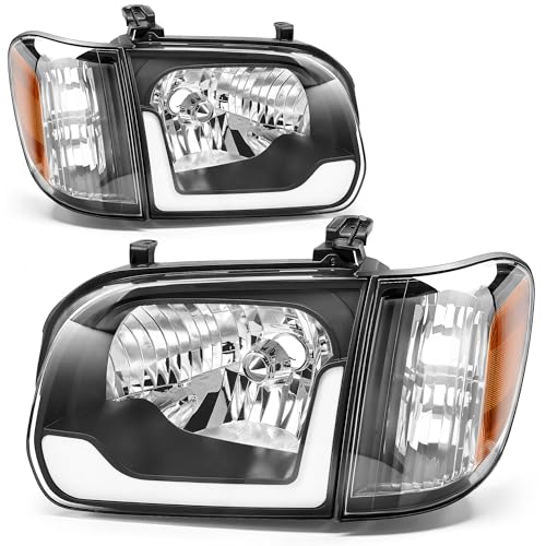 AUTOSAVER88 LED DRL Headlight Assembly Compatible with 2005 2006 Toyota Tundra Double/Crew Cab and 2005-2007 Sequoia Headlamp Replacement Black Housing Amber Reflector Pair