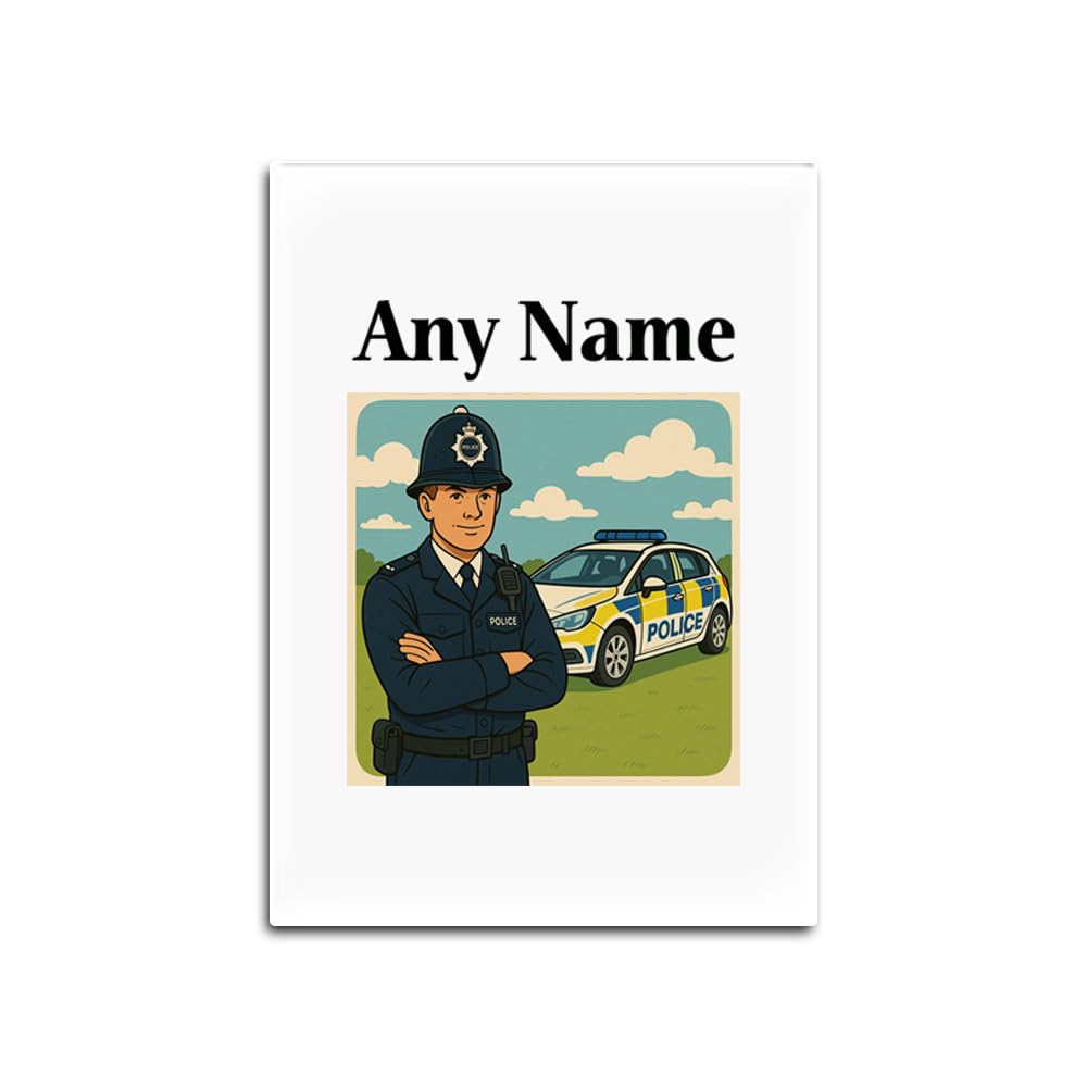UNIGIFT Personalised Gift - Policeman and Police Car White Glass Fridge Magnet (Professional Design) Any Name Message Unique - PC SGT INSP CID DS Detective Constable Sergeant Hat Cap Helmet