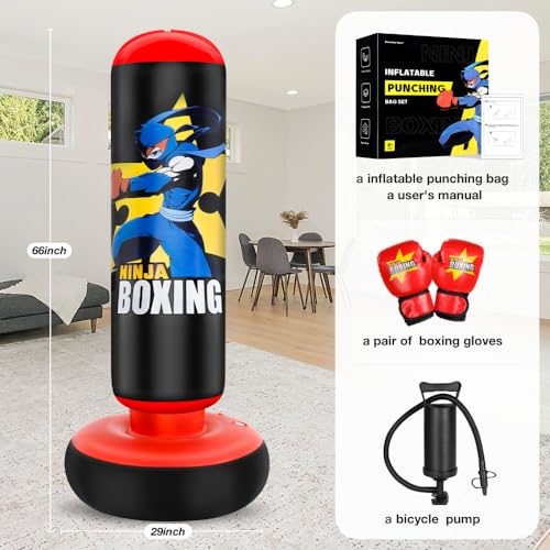 Saco de Boxeo, Bolsa de Boxeo Independiente 168cm, Incluye Guantes de Boxeo y Bombas Inflables Manuales, Saco de Boxeo para Niños de 5 a 12 años, Juego de Boxeo (Rojo) - imagen 5