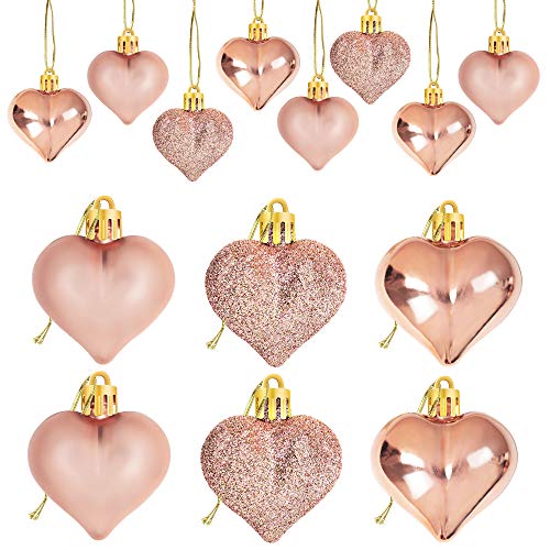 Partyprops 24 Stück rotgoldene Valentinstags-Herz-Ornamente - Valentinstag-Herz-Dekorationen - Herzförmige Kugeln Ornamente für den Baum zu Hause - Romantische Valentinstag-Hängedekorationen Cover