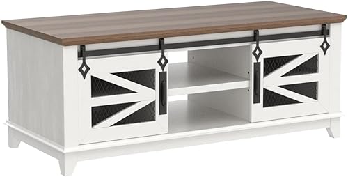 Miniatura 5 de OKD Mesa de centro de 48 pulgadas con almacenamiento y puertas corredizas de granero mesa central industrial y de granja con estantes ajustables