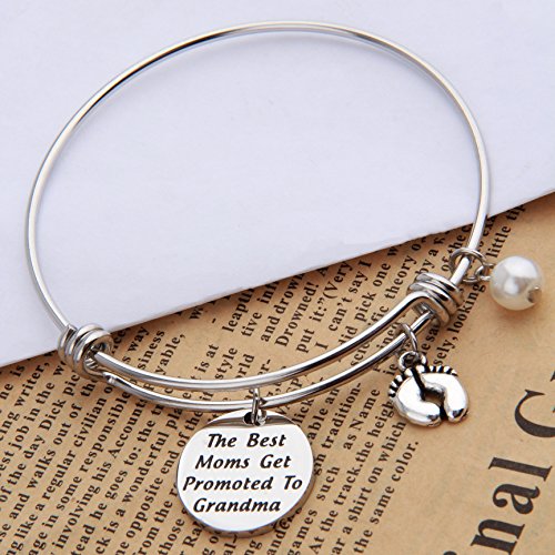 Feelmem New Grandma Gift The Best Moms Get Promoted To Grandma Bangle Bracelet With Baby Footprint Charm (Silver) #TOP2