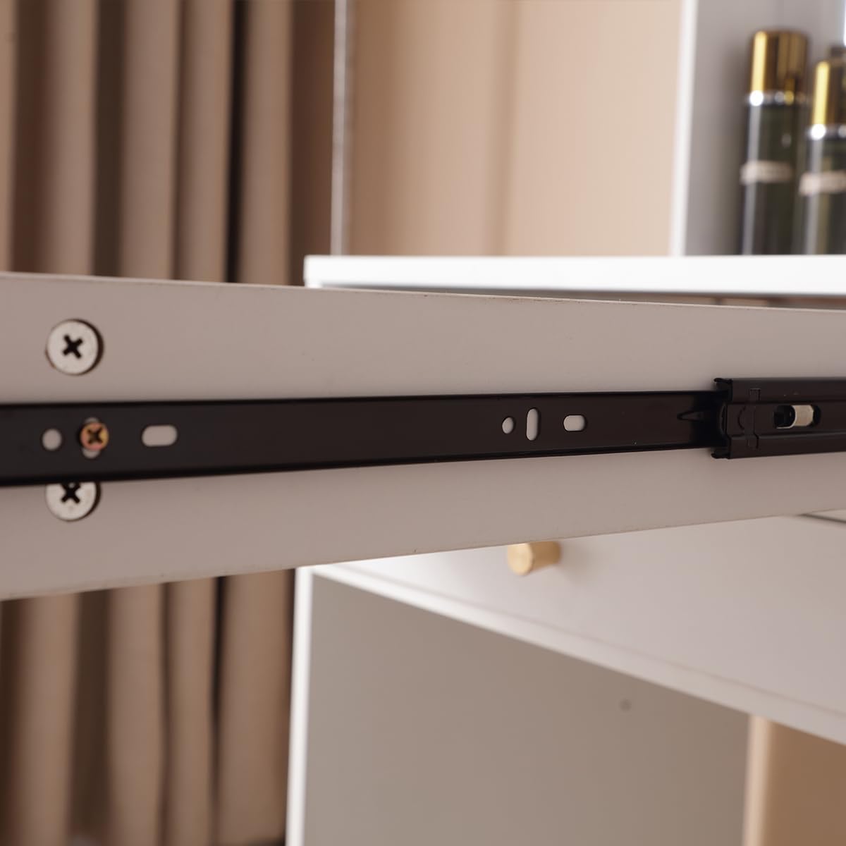 Vanity Desk with Lighted Mirror, Makeup Vanity Desk with Drawers and Storage Cabinet for Bedroom, Glass Desktop, 3 Lighting Modes Adjustable Brightness, Storage Stool, White