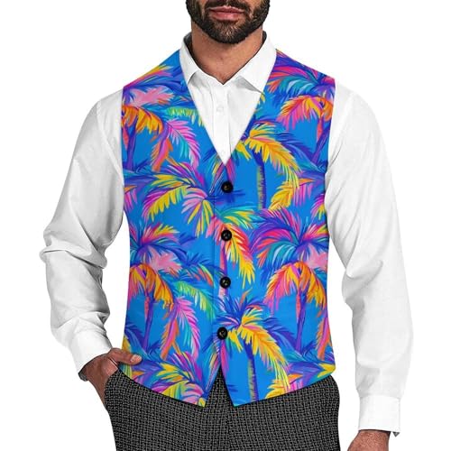 Colorful Palm Trees Suit Vest for Men Waistcoat Dressy V Neck Button Down Sleeveless Business Jacket Coat