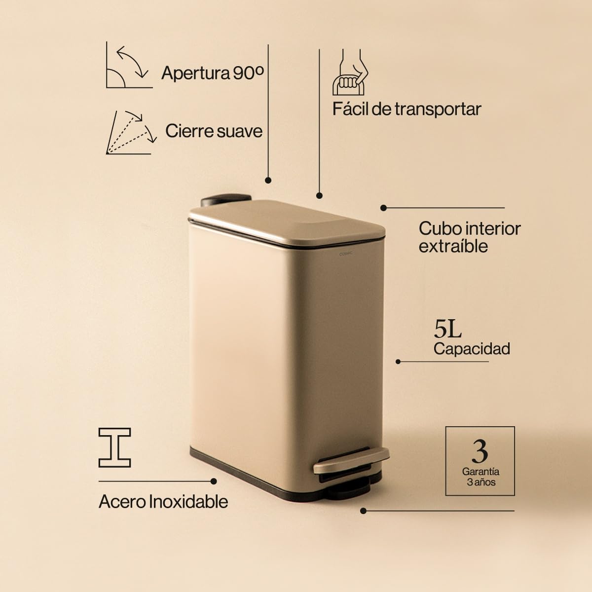 COSMIC Essentials Papelera de Baño y Cocina Con Sistema de Pedal de Diseño Moderno y 5L de Capacidad. Cubo de Basura Con Tapa Rectangular y Pequeño para Aseo. Color Negro Mate