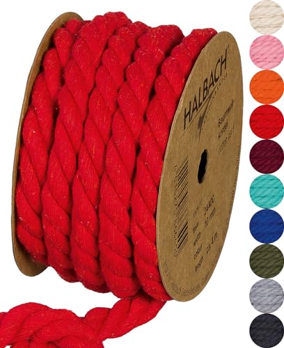 Halbach Seidenbänder Cordón de algodón Reciclado, Ancho: 10 mm/Longitud 4 Metros, Hilo de algodón sostenible para macramé, cordón Natural para Manualidades, Color: Rojo