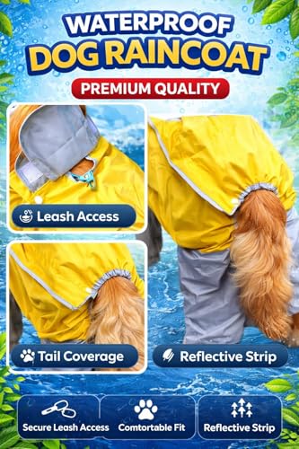 Image of Bhumi Enterprises Dog Raincoats Rain Snow Coats Waterproof Clothing 4 Four Legs Raincoat Full-Cover Dogs Hooded Poncho(Yellow-Grey) (32 Size)